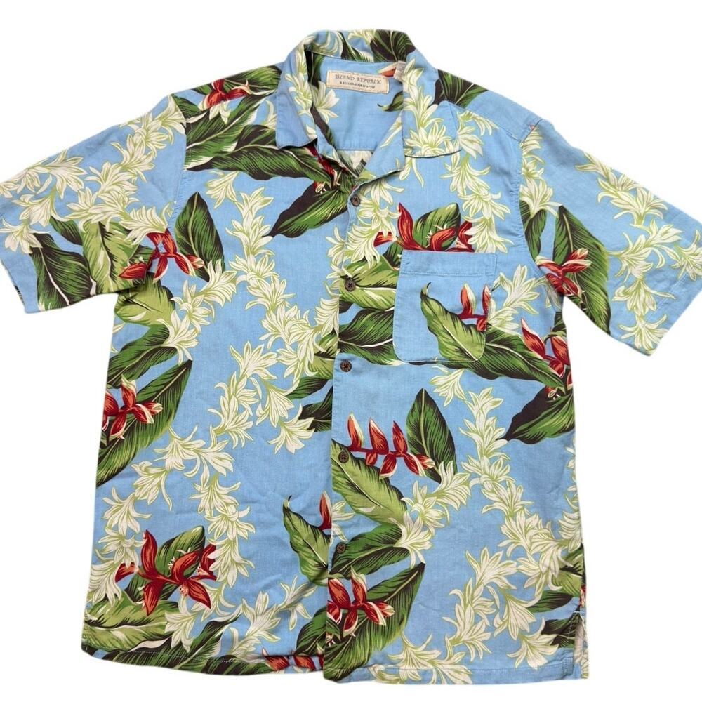 Island Republic men's Medium 100% silk Hawaiian shirt tropical floral print Vaca